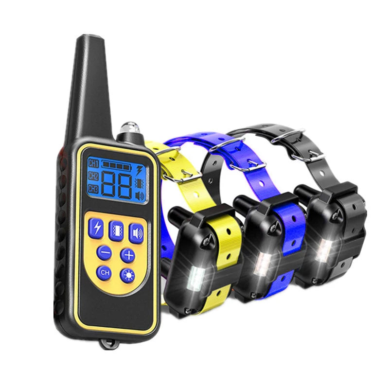 Dog training collar remote with three multi-color collars, blue screen and control buttons