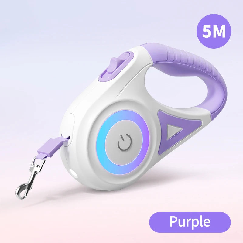 Retractable dog leash with glowing blue LED light ring and purple handle, 5 m