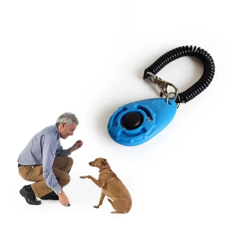 Blue teardrop dog training clicker with black coiled strap, metal clasp, and key ring