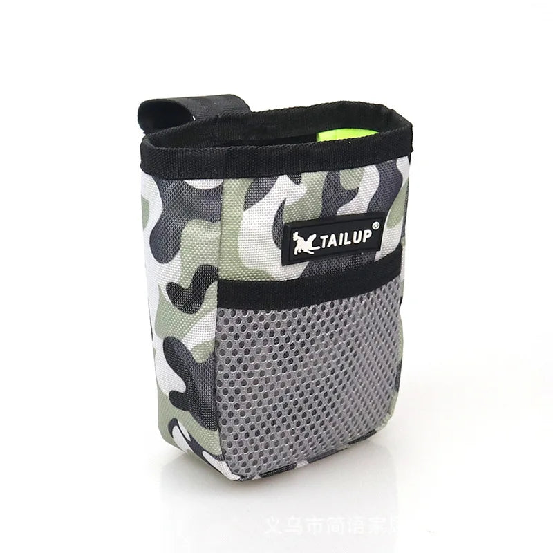 Camouflage waist treat pouch bag with black top, front mesh panel, and strap
