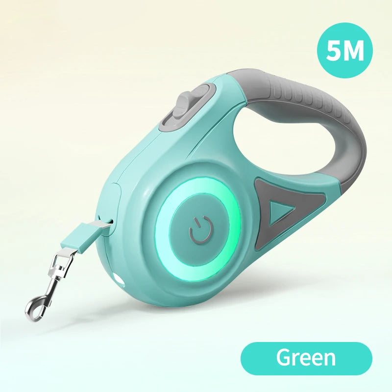 Retractable dog leash with green LED light ring and teal body, 5 m