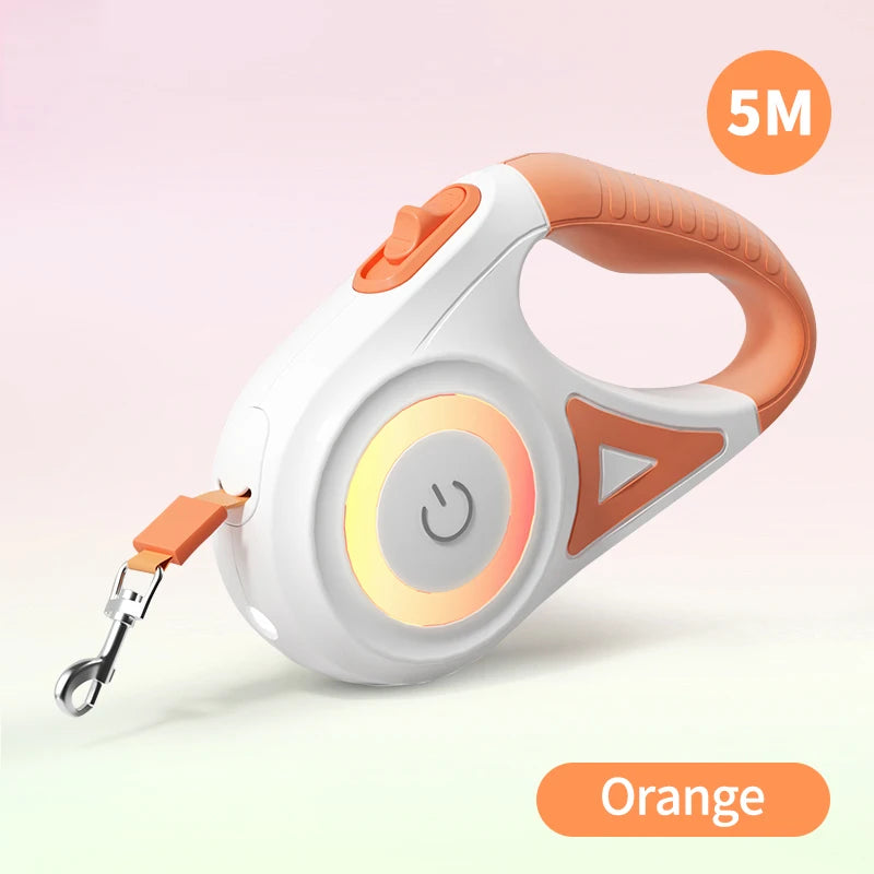 Retractable dog leash with glowing yellow LED light ring and orange handle, 5 m