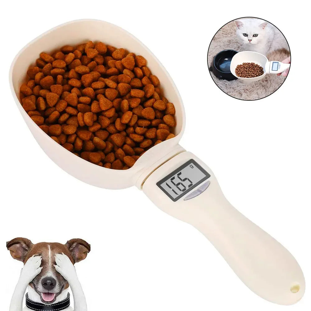 White electronic pet food measuring scoop with LCD screen, filled with orange-brown kibble