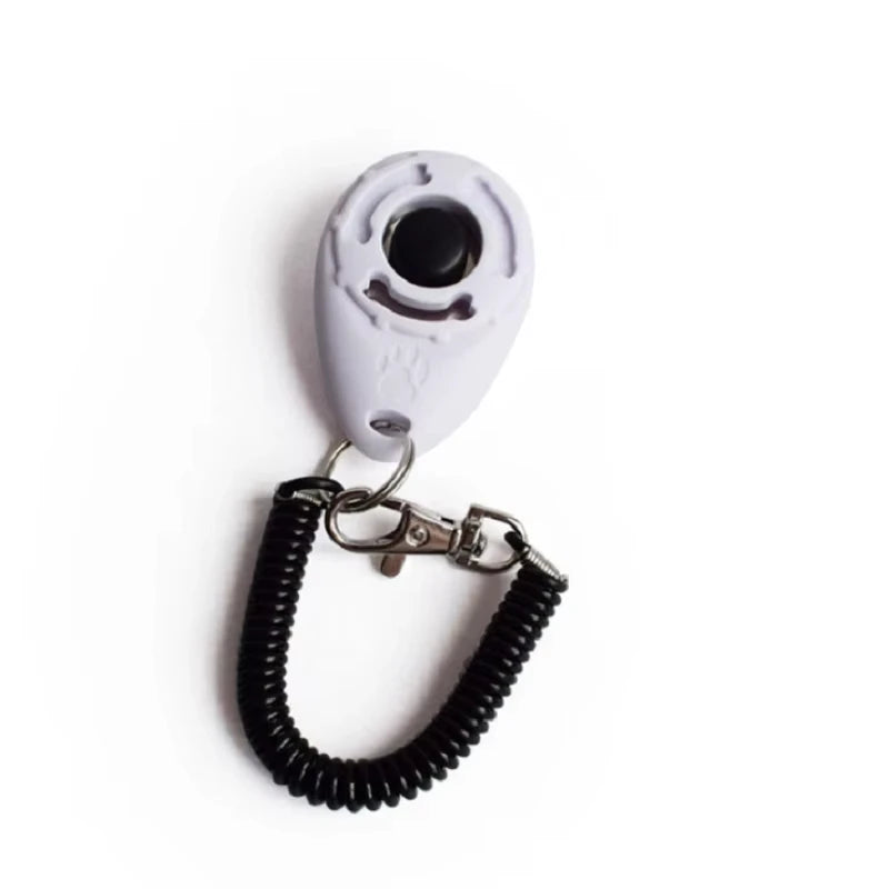 Dog training clicker key chain with wrist strap, white clicker body and black coiled cord