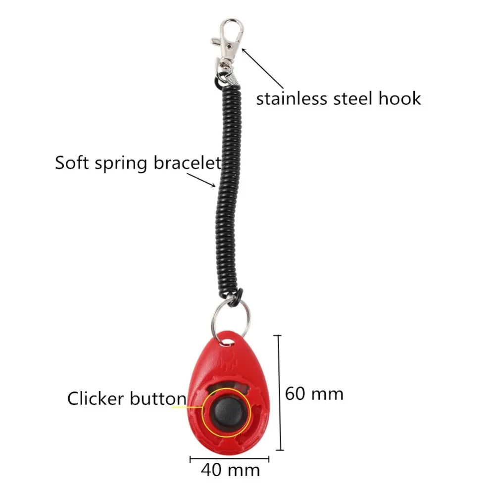 Red teardrop dog training clicker with black coiled spring and stainless steel hook