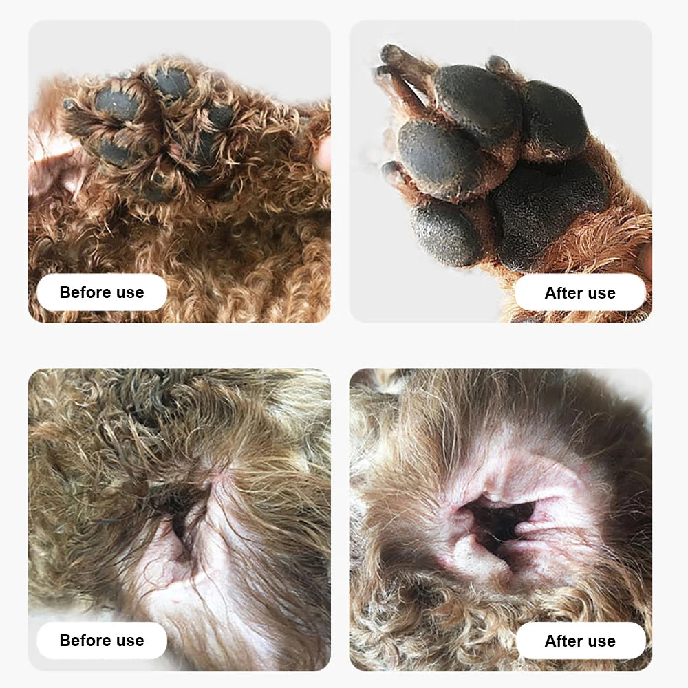 Pet foot-hair grooming before-and-after coat closeups