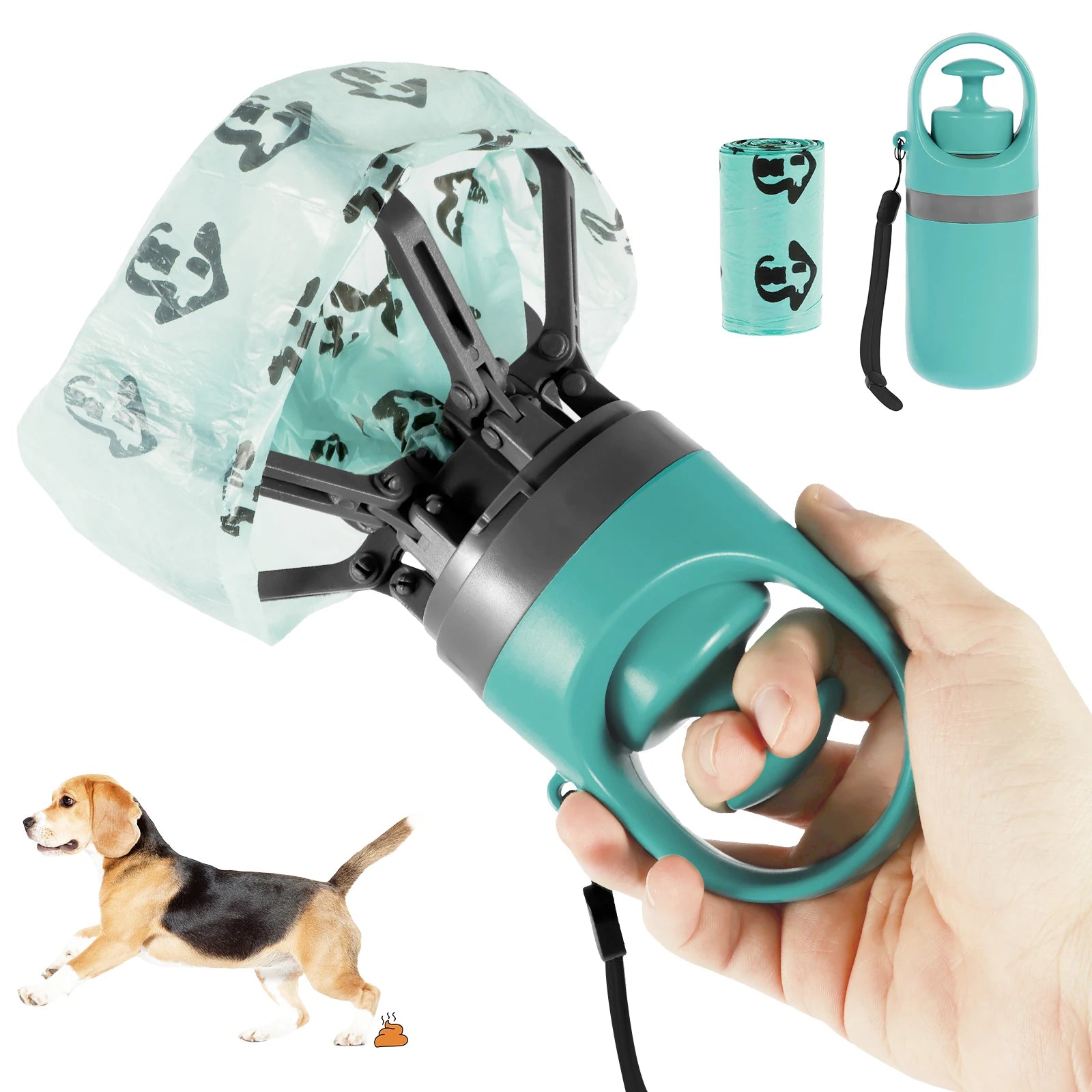 Teal and gray pet waste claw with bag holder and black side handles
