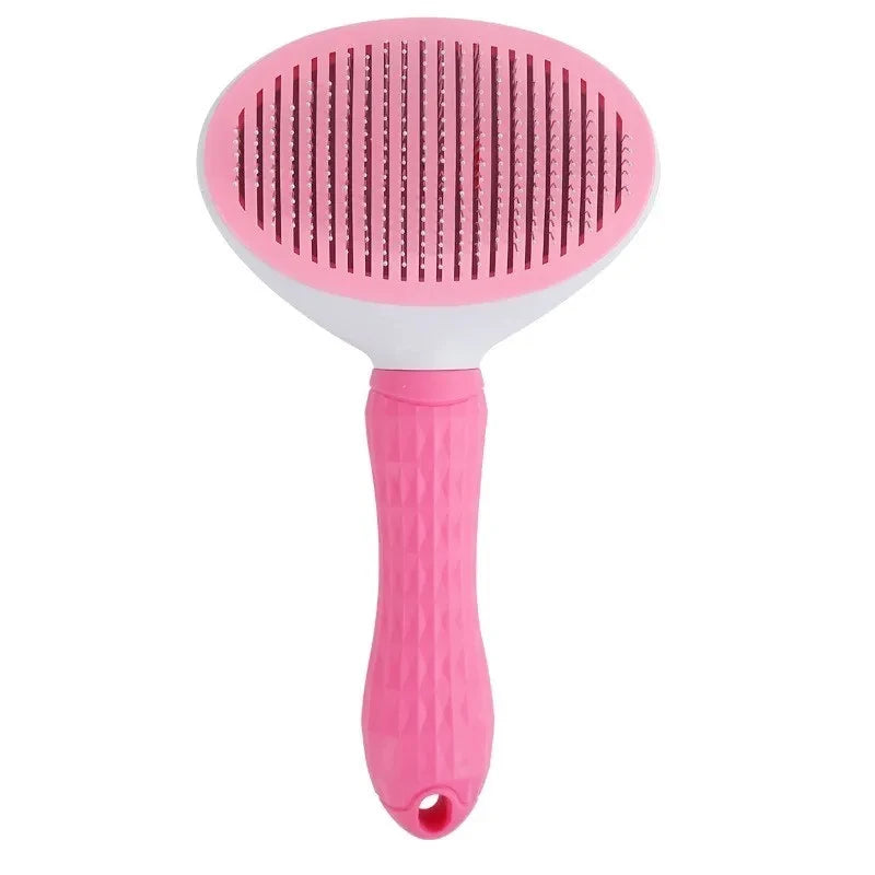 Pink self-cleaning pet grooming brush with round pin comb and textured grip handle