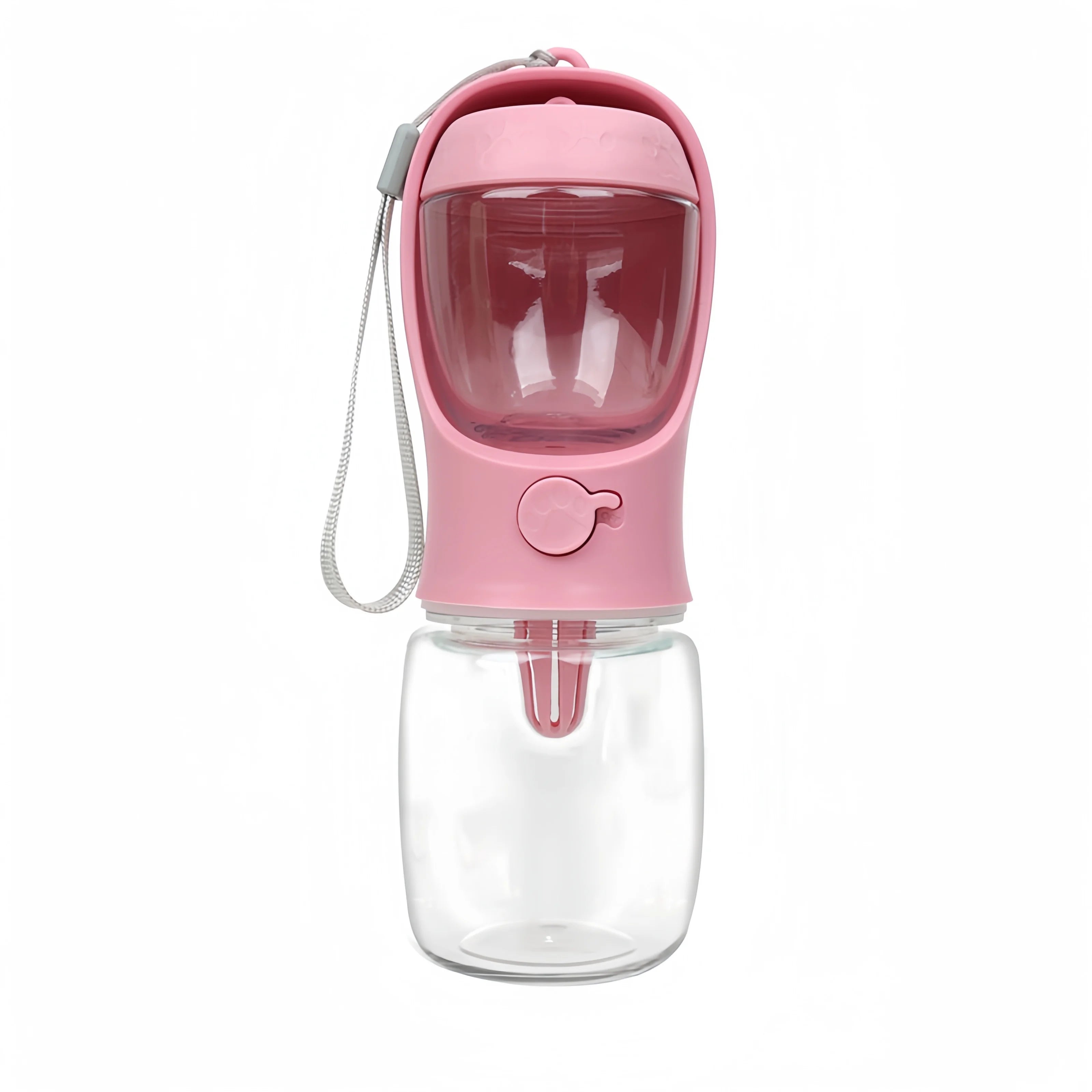 Portable pet water and food bottle in pink with clear base and bone-shaped front button