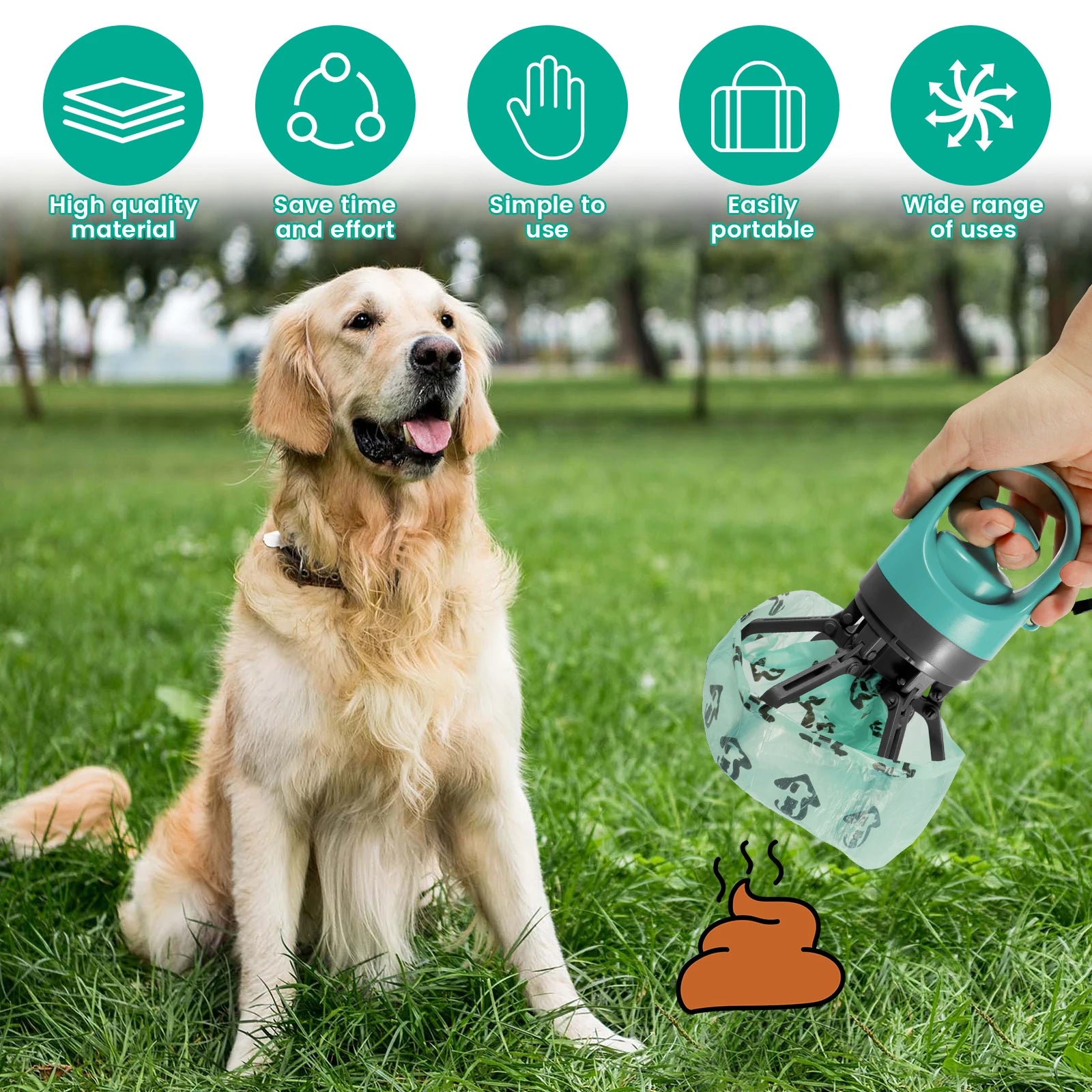 Teal pet waste claw held in hand with patterned bag attached