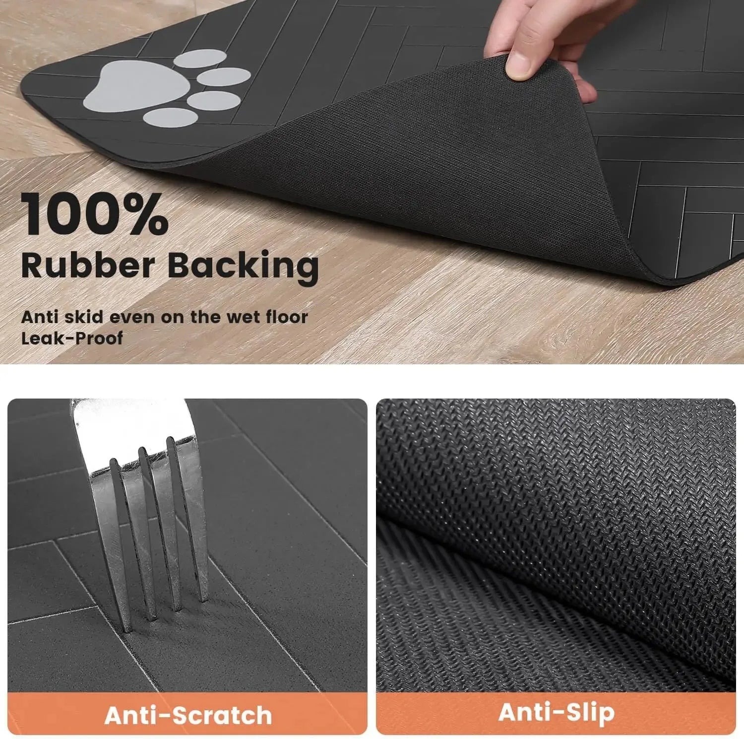 Pet feeding mat with dark grey rubber backing and white paw print icons