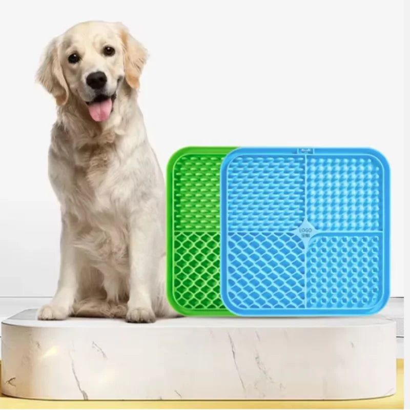 Green and blue silicone lick mat duo with bone and grid textures for dogs