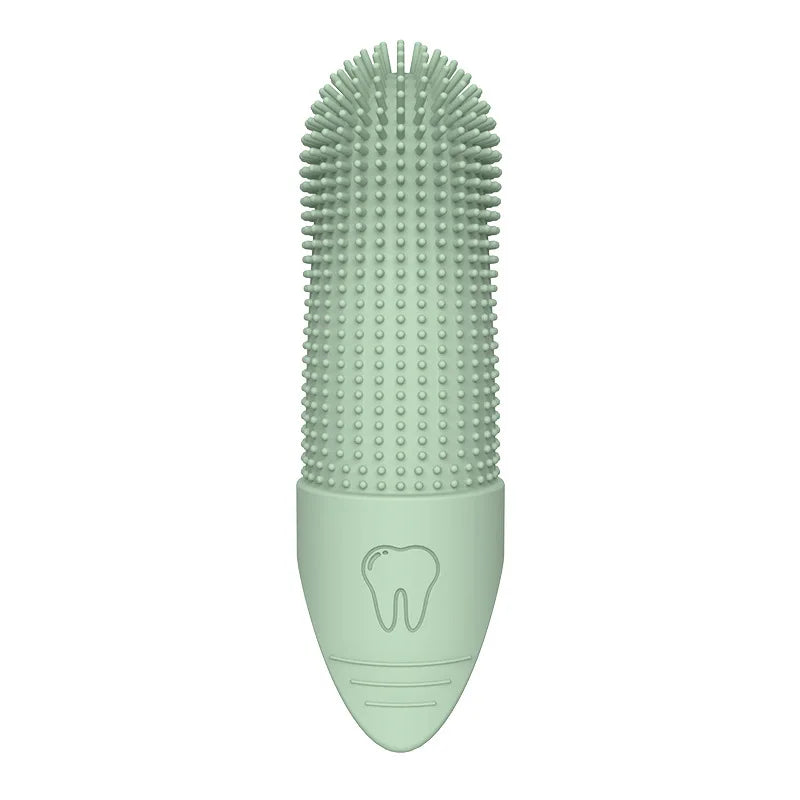Front view green silicone finger toothbrush with dense bristle nubs and finger handle