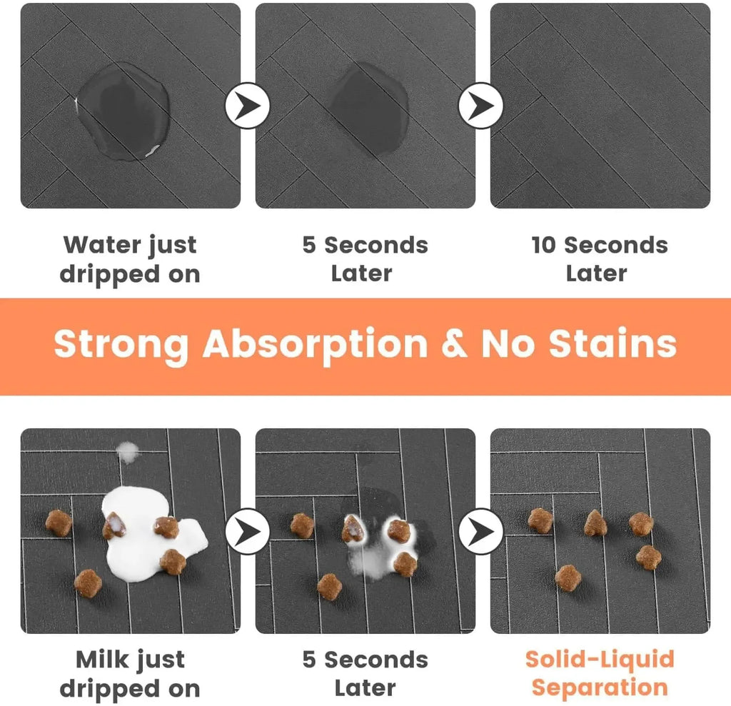 Waterproof pet feeding mat with textured dark grey surface and water droplet beading