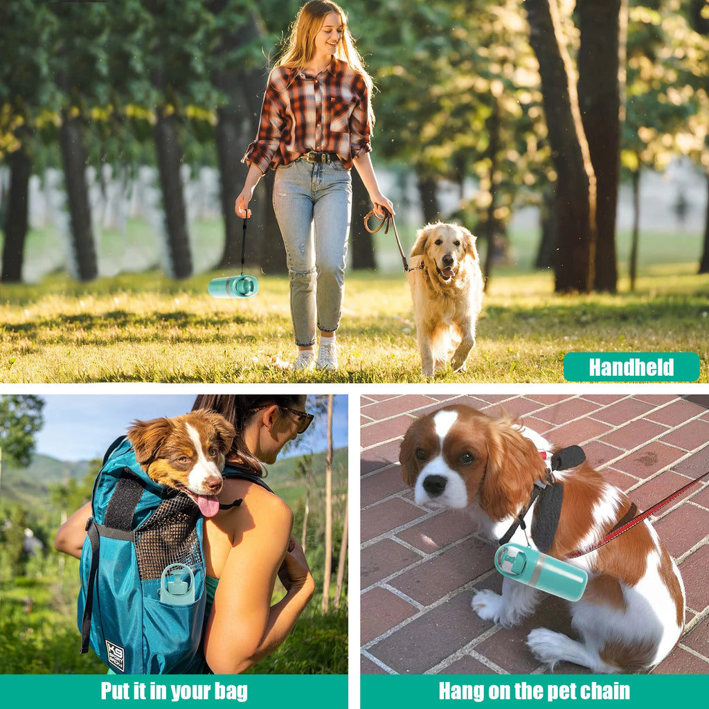 Handheld teal pet waste claw with lid and black strap on outdoor ground