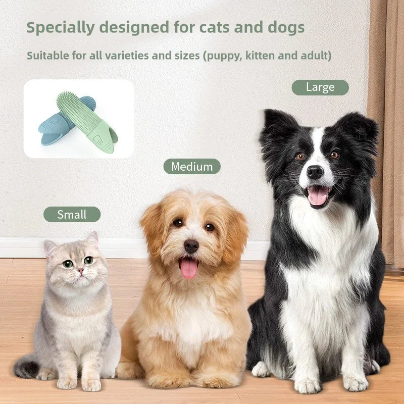 Finger toothbrush with green bristle head shown with size options for pets