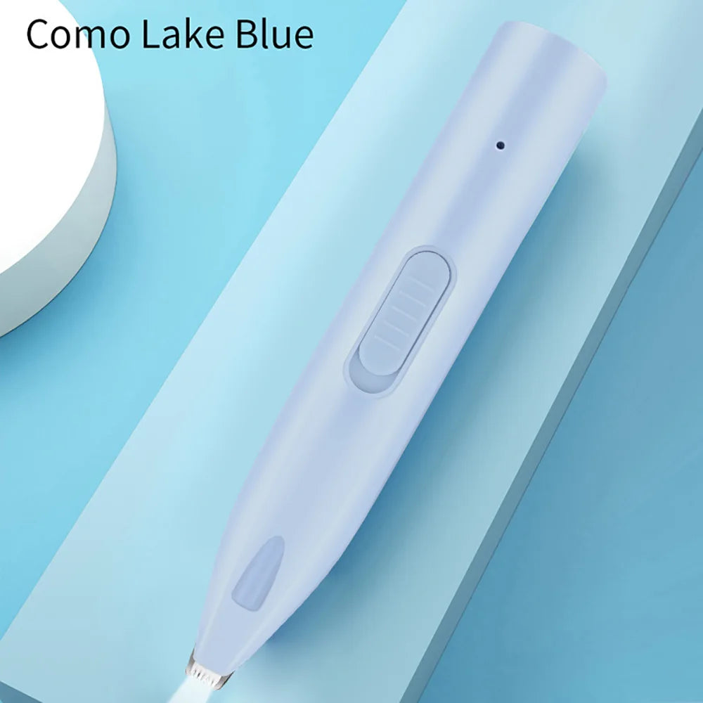 Electric dog hair trimmer, light blue handheld device with LED button