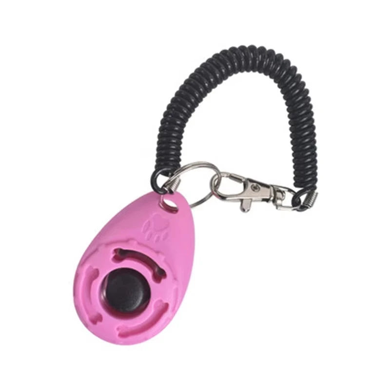 Pink teardrop dog training clicker with black coiled strap and metal clasp