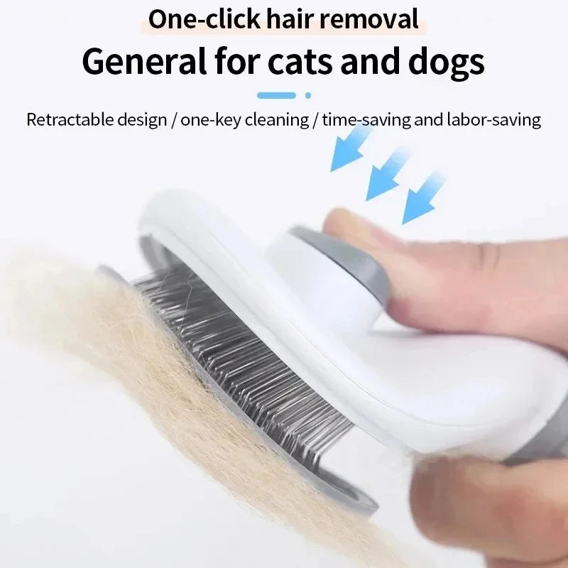 Gray pet grooming brush head with stainless pins, shown being used on fur by hand