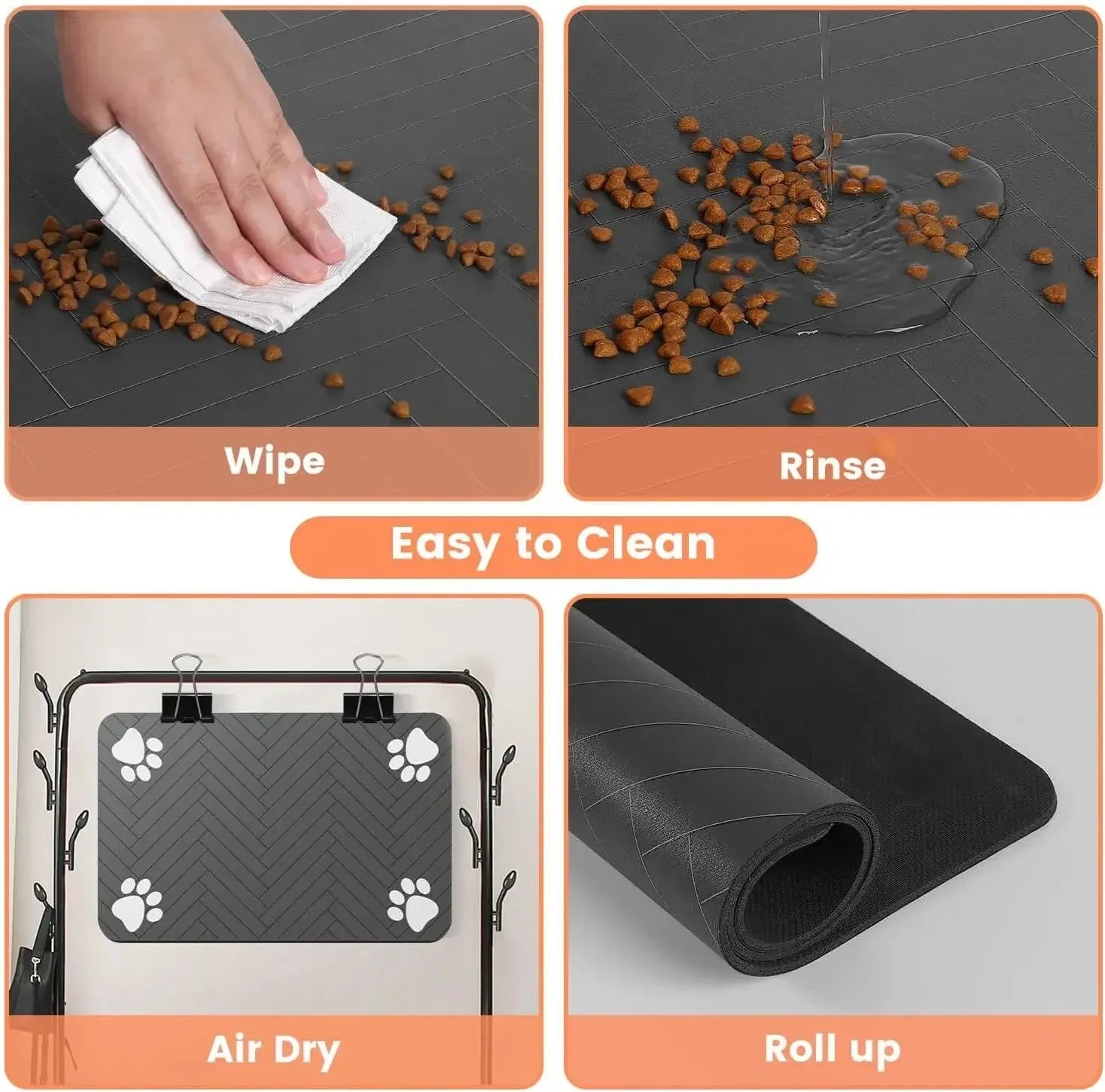 Dark grey pet feeding mat with white paw icons shown during easy wipe-and-rinse cleaning