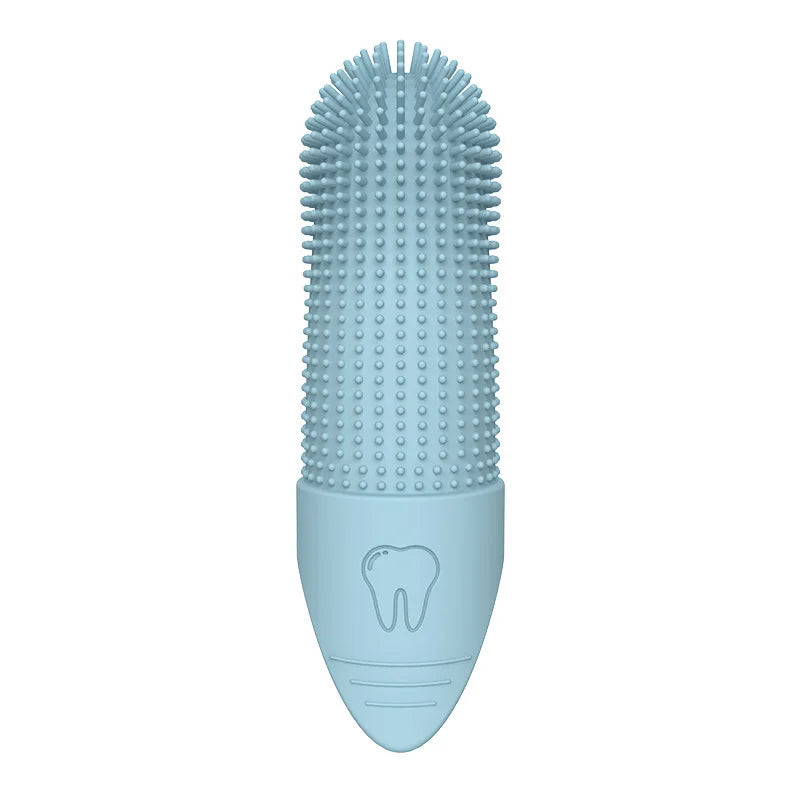 Blue silicone finger toothbrush with dense bristle nubs and soft finger handle