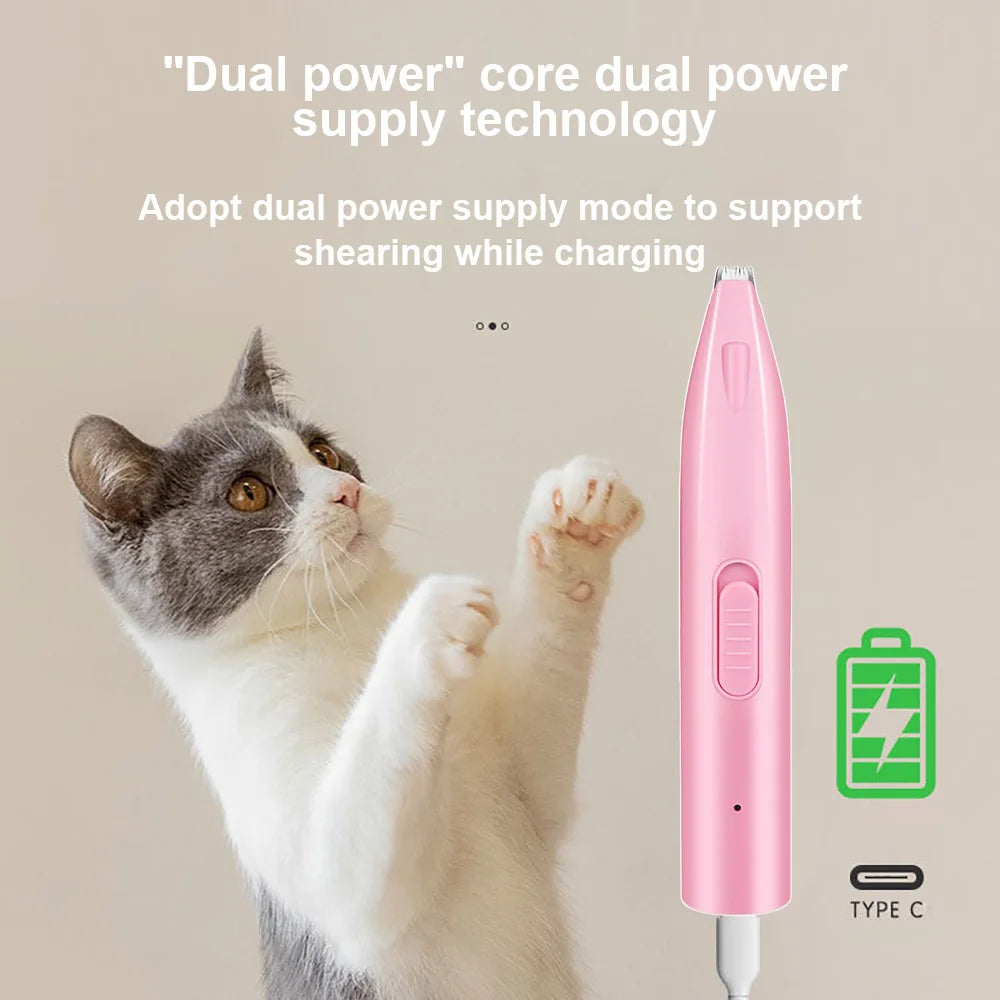 Electric dog hair trimmer, pink handheld device with charging port