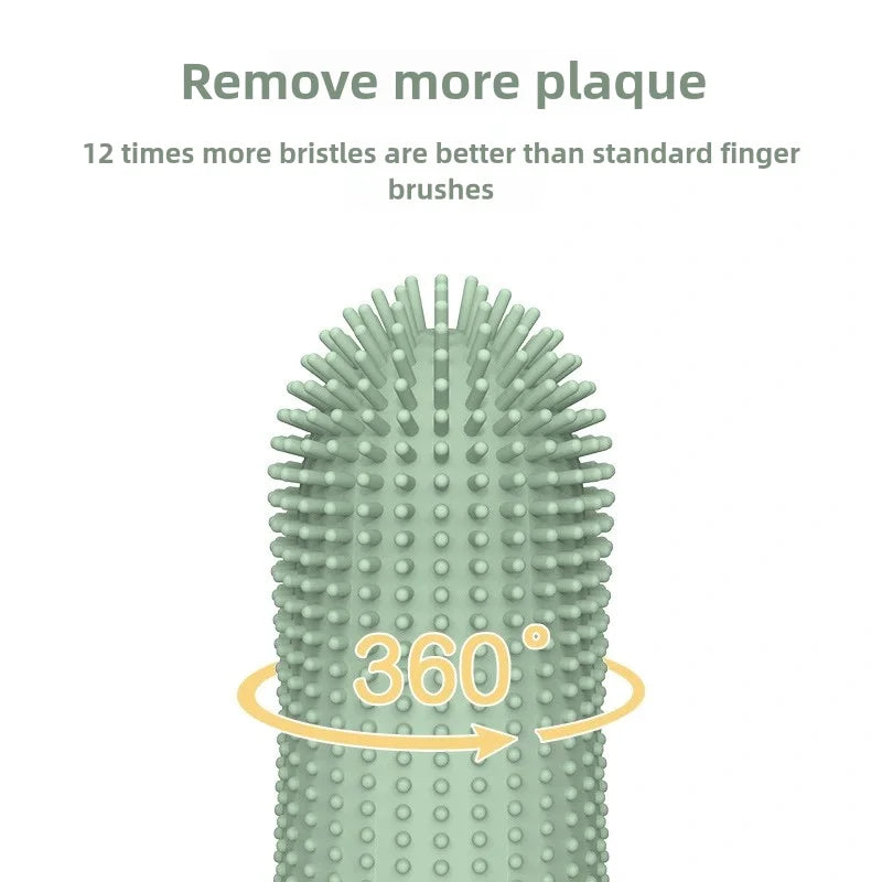Green finger toothbrush head with dense round bristle nubs for cleaning plaque