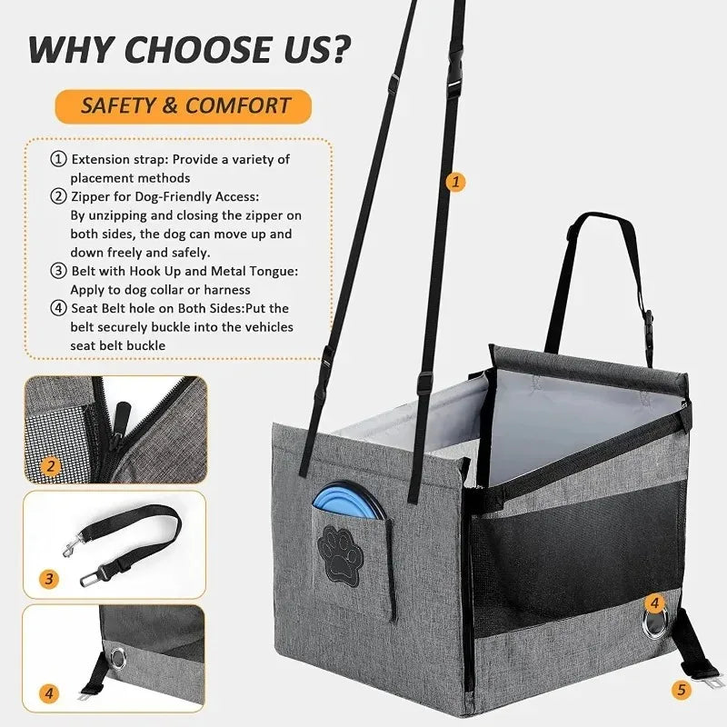 Portable pet car seat feature graphic with mesh, straps, and buckle details