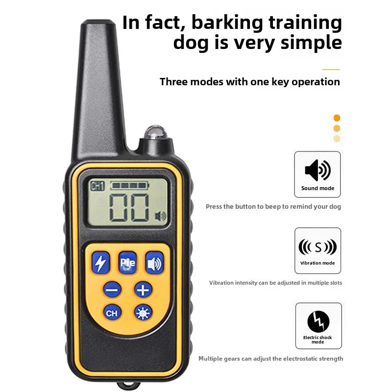Dog training remote controller, black with yellow trim and LCD screen