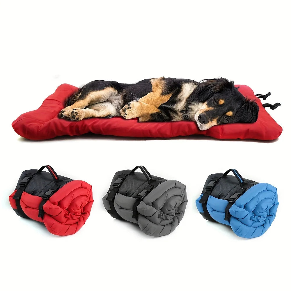 Pet bed cushion in red, with raised side bolsters and flat, padded top