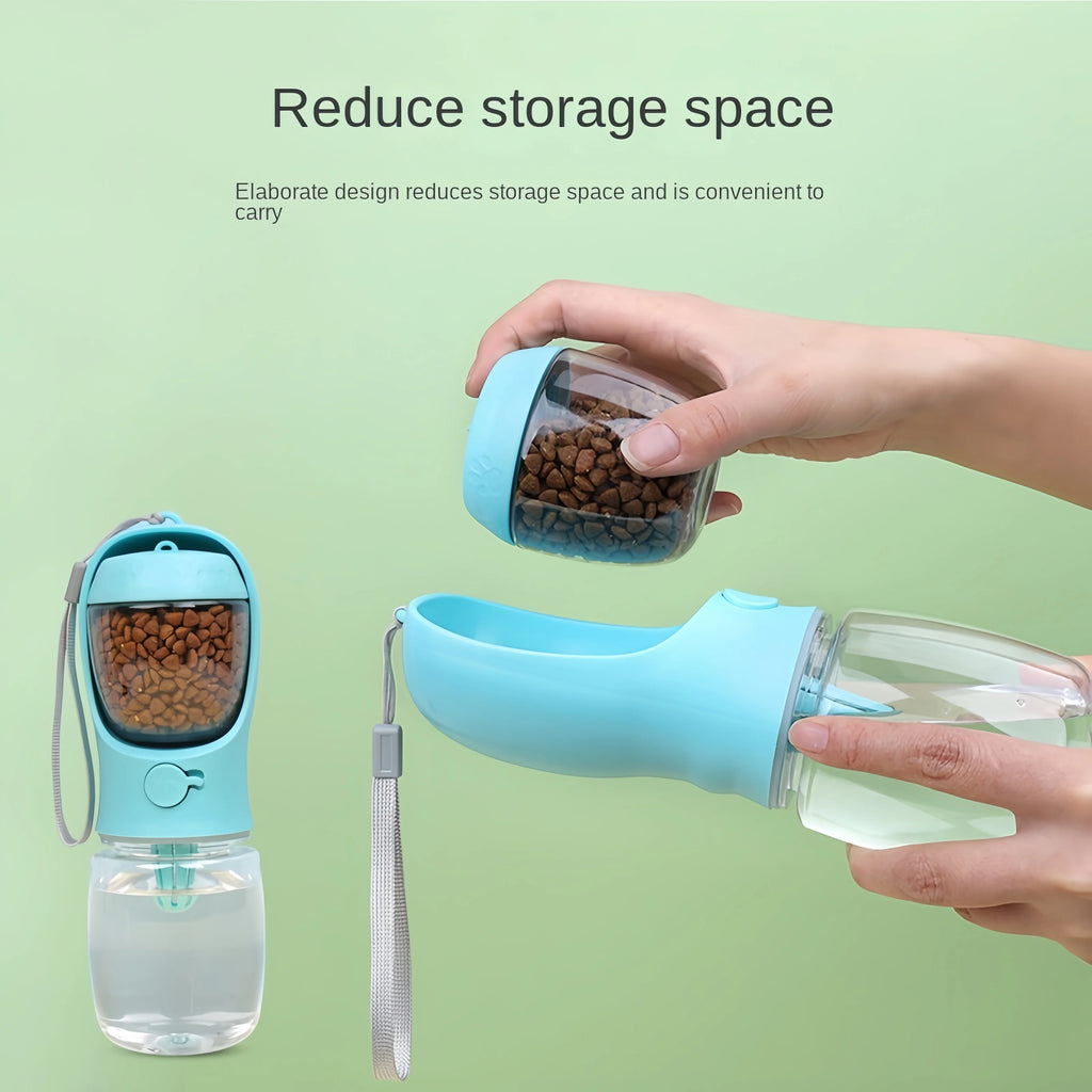 Portable pet water and food bottle in blue with clear water bottle and open grain compartment