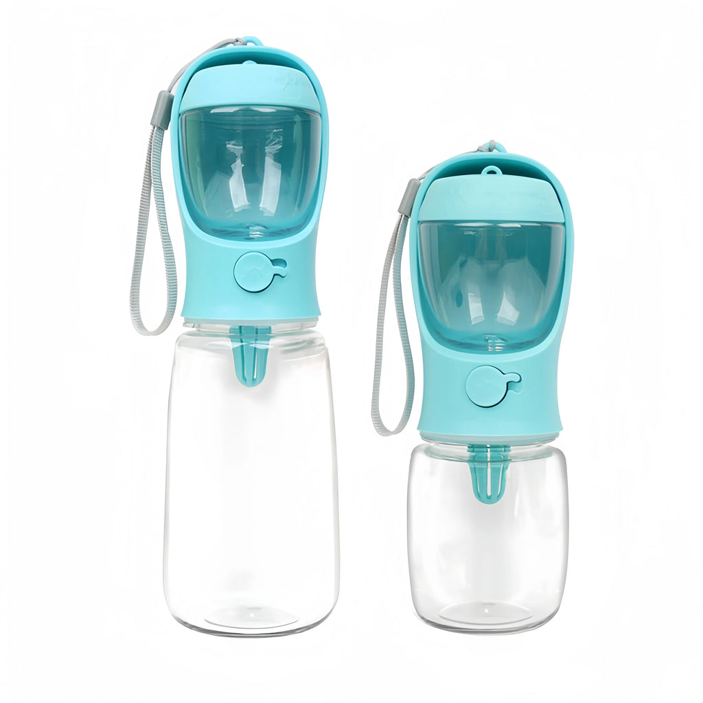 Portable pet water and food bottle set with blue and smaller teal design, each with clear base