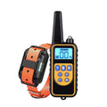 Dog training collar remote with orange and black shock collar, blue screen controls