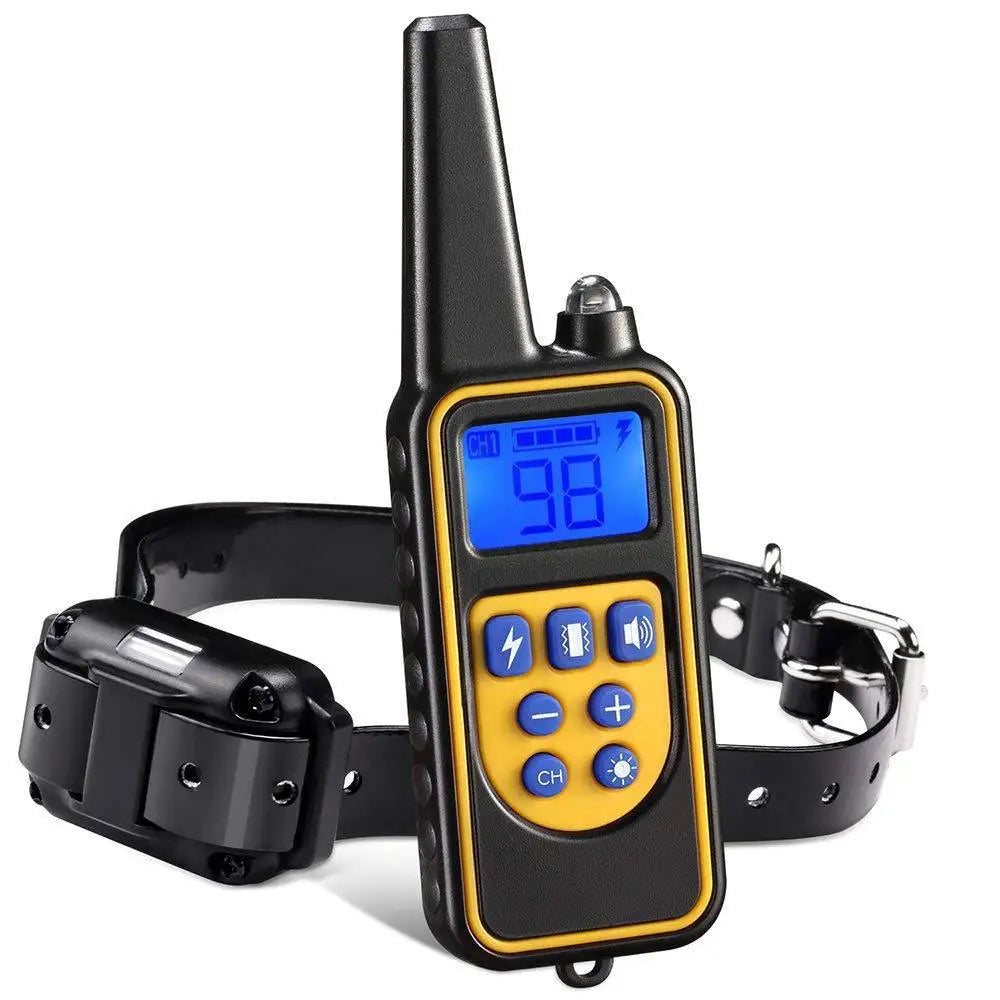 Dog training collar remote with black collar, blue screen and orange trim