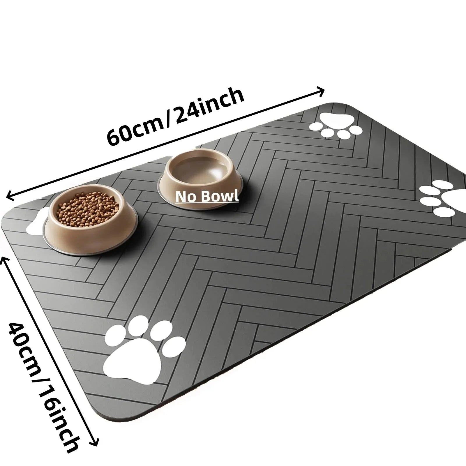 Large rectangular dark grey pet feeding mat with white paw prints and two bowls