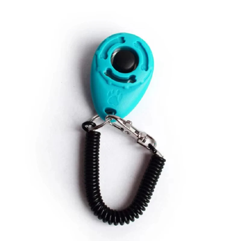 Cyan teardrop dog training clicker with black coiled strap and metal clips