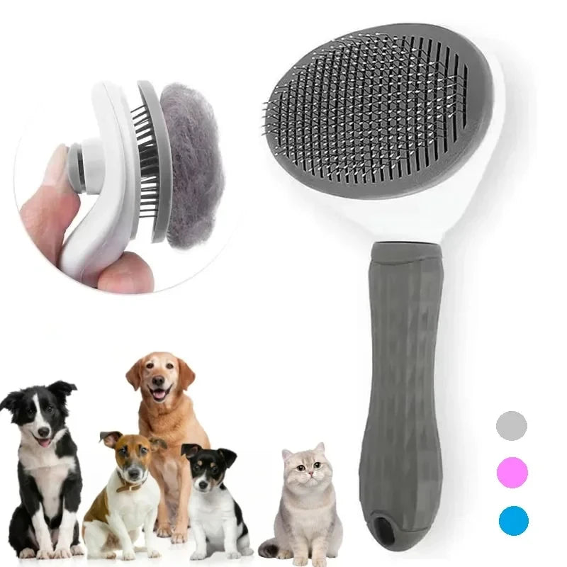 Gray self-cleaning pet grooming brush with round pin comb and textured handle