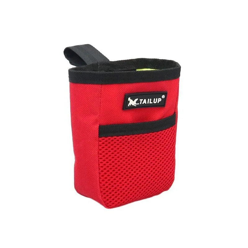 Red waist treat pouch bag with black top, front mesh panel, and carrying strap