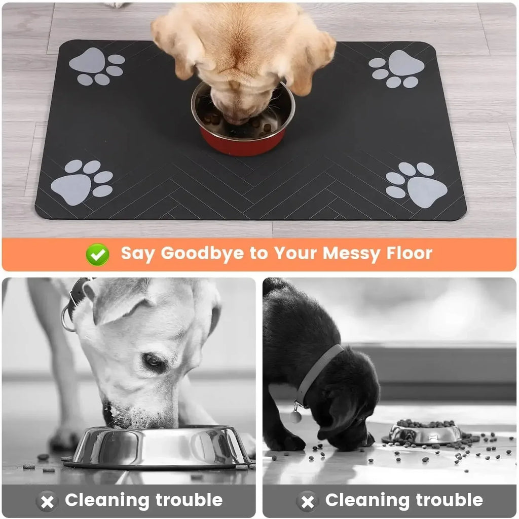 Pet feeding mat in dark grey with white paw prints and red bowl centered on top