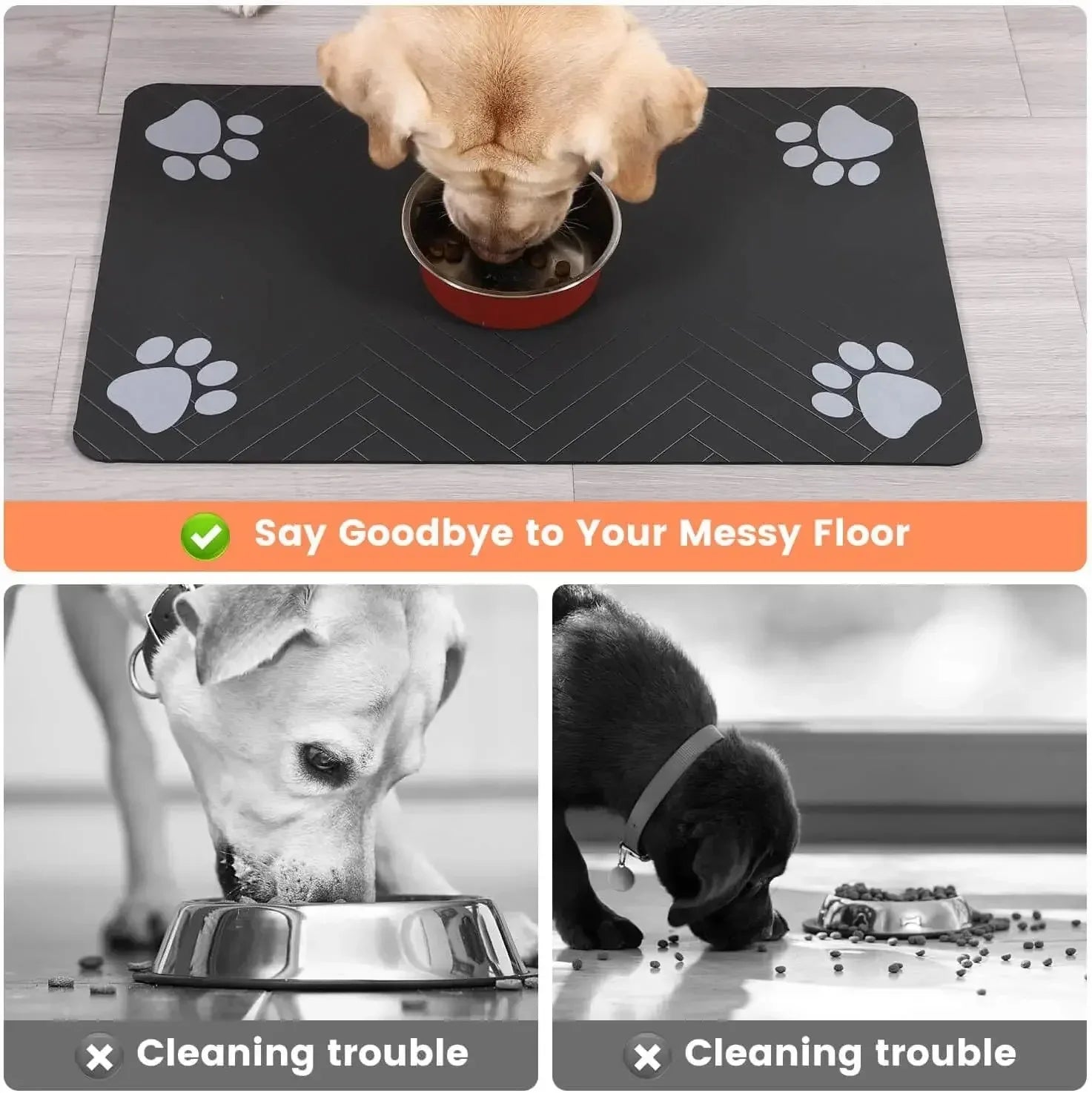 Pet feeding mat in dark grey with white paw prints and red bowl centered on top