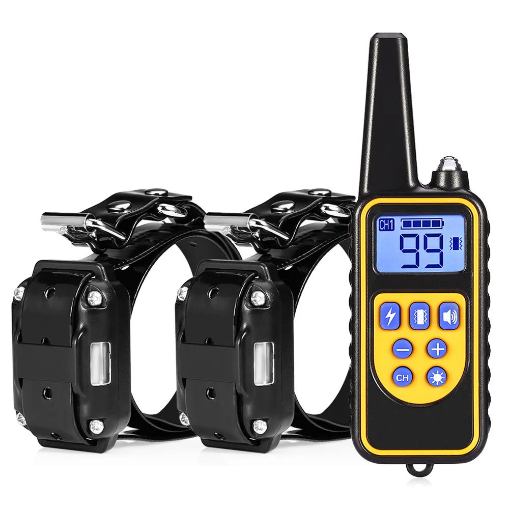 Dog training collar remote with two black shock collars, blue display, orange trim