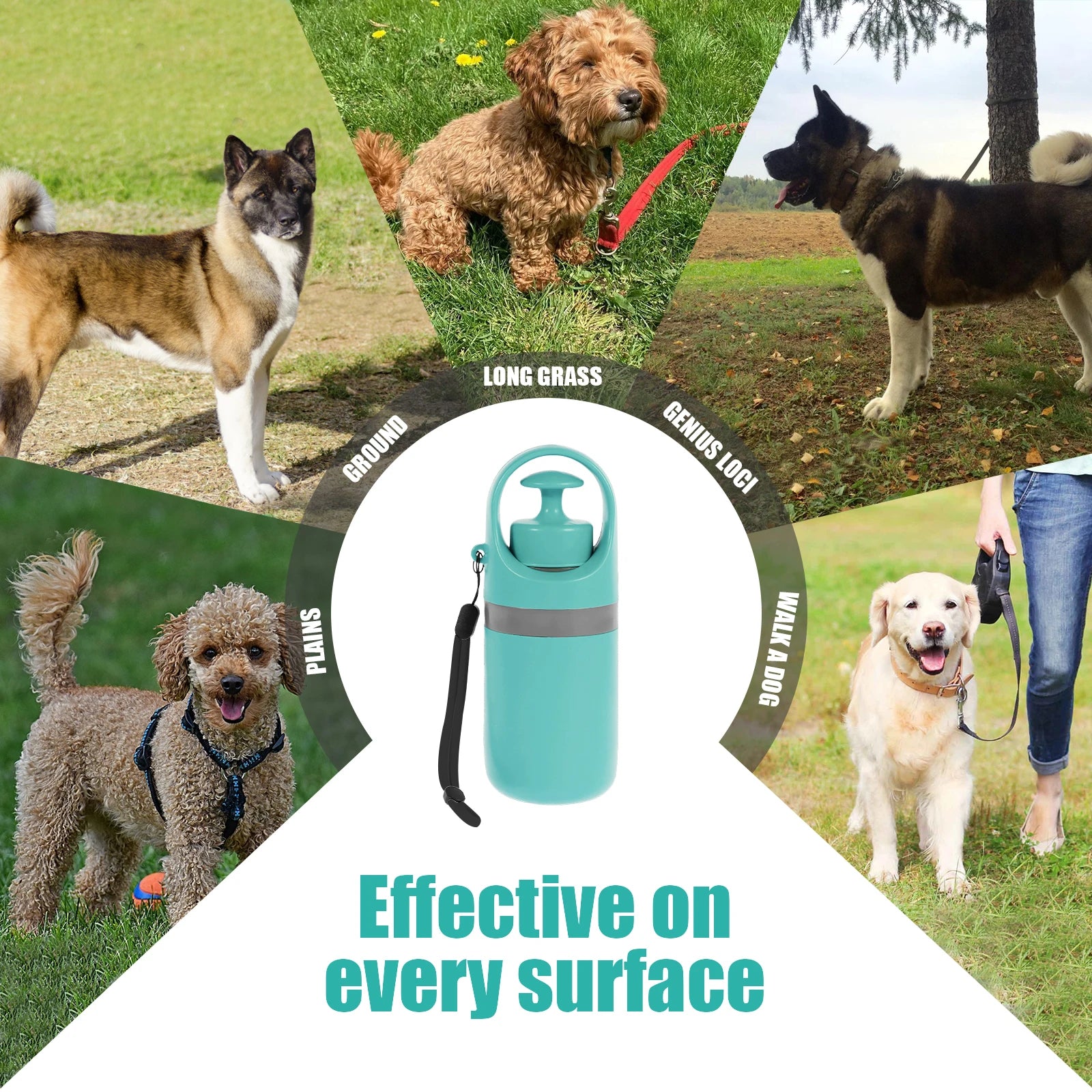 Teal handheld pet waste claw with lid and long black wrist strap
