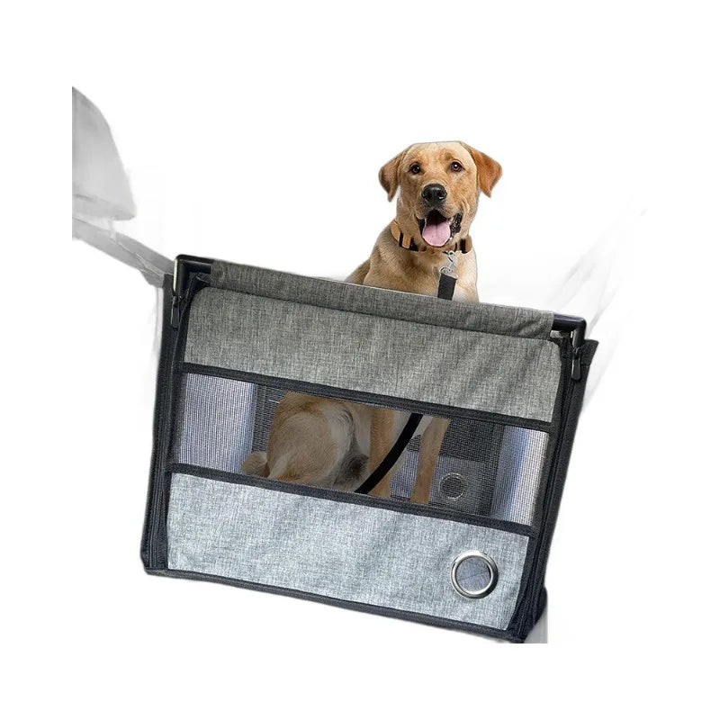 Grey pet car seat with paw emblem and quilted interior mat, with straps