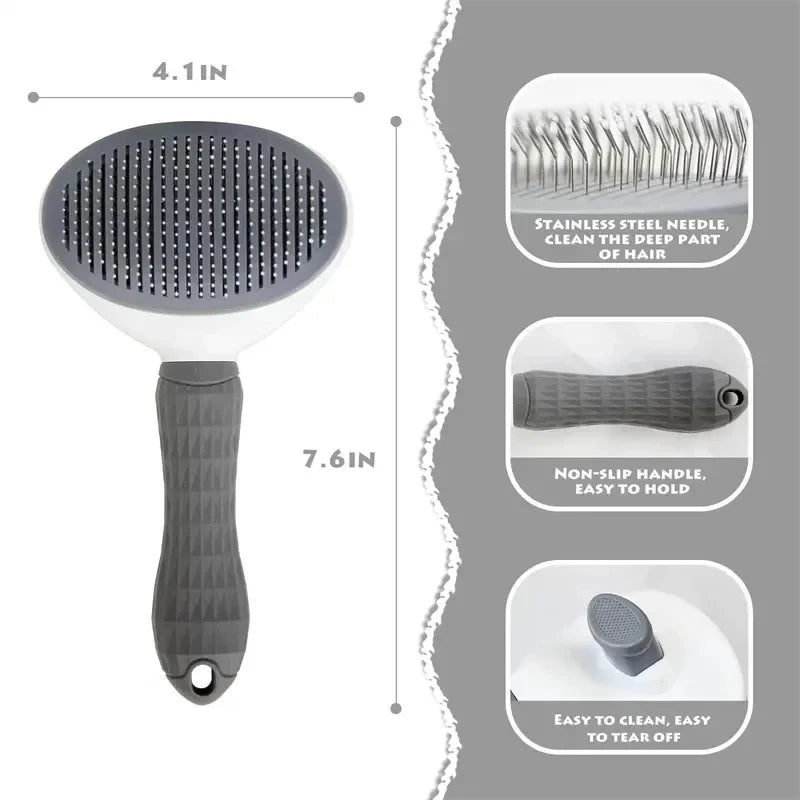 Gray self-cleaning pet grooming brush with round pin comb and grip-style handle