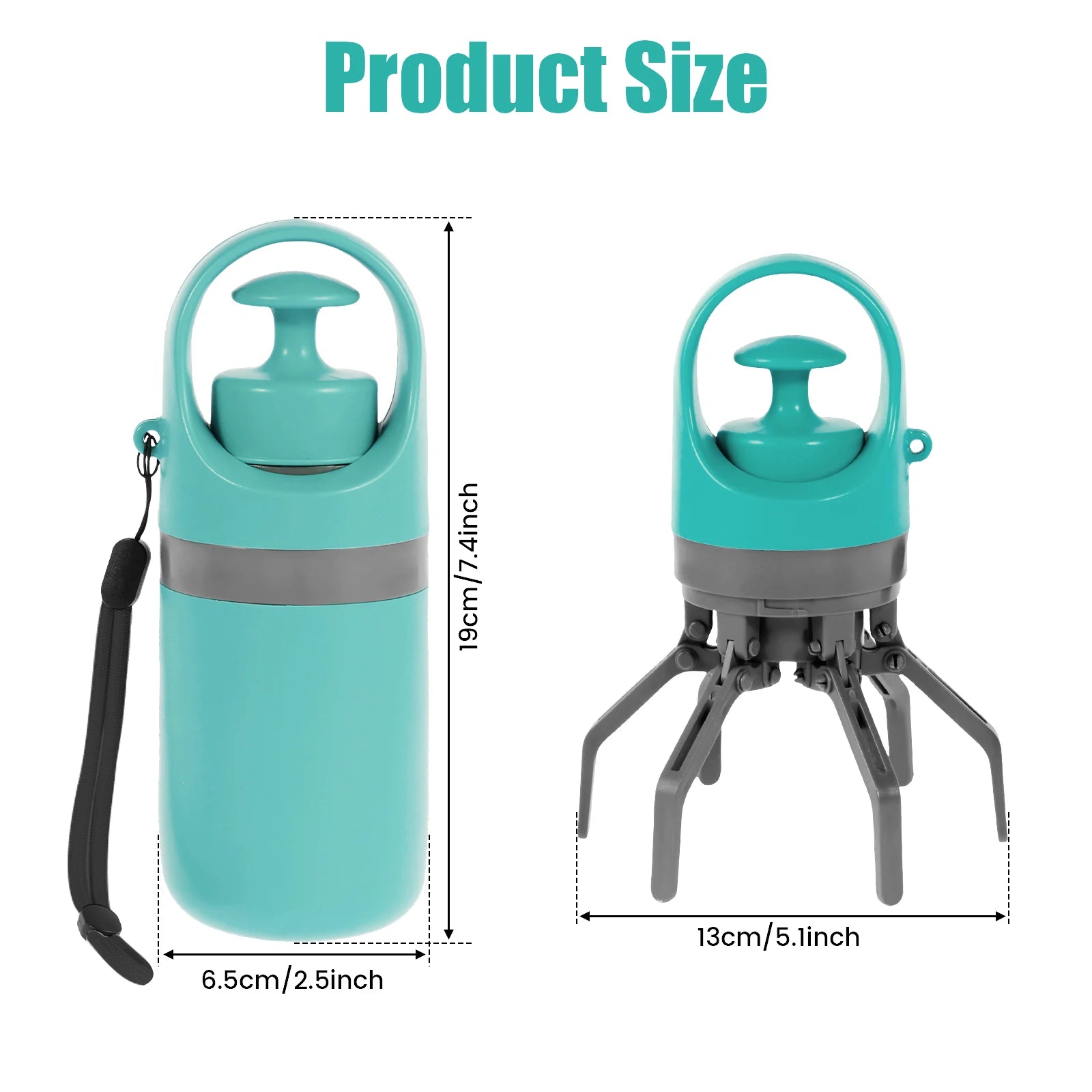 Teal pet waste claw with bag-grasping legs; front view and side view