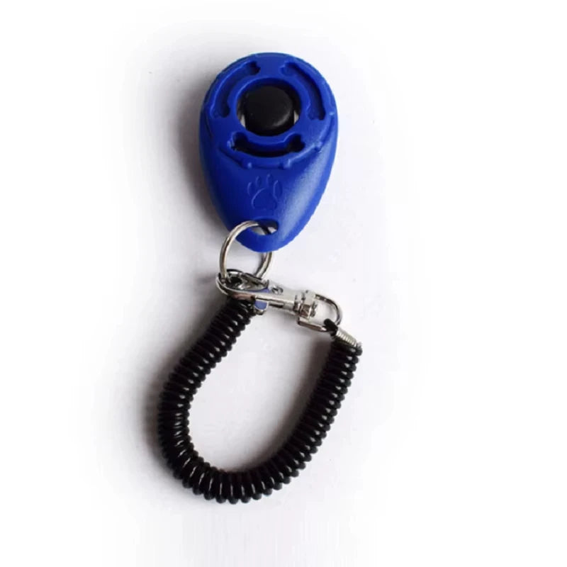 Blue teardrop dog training clicker with black coiled wrist strap and metal key ring