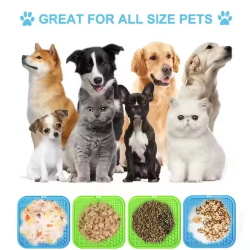 Dog lick mat set with textured silicone sections in blue and green for slow feeding