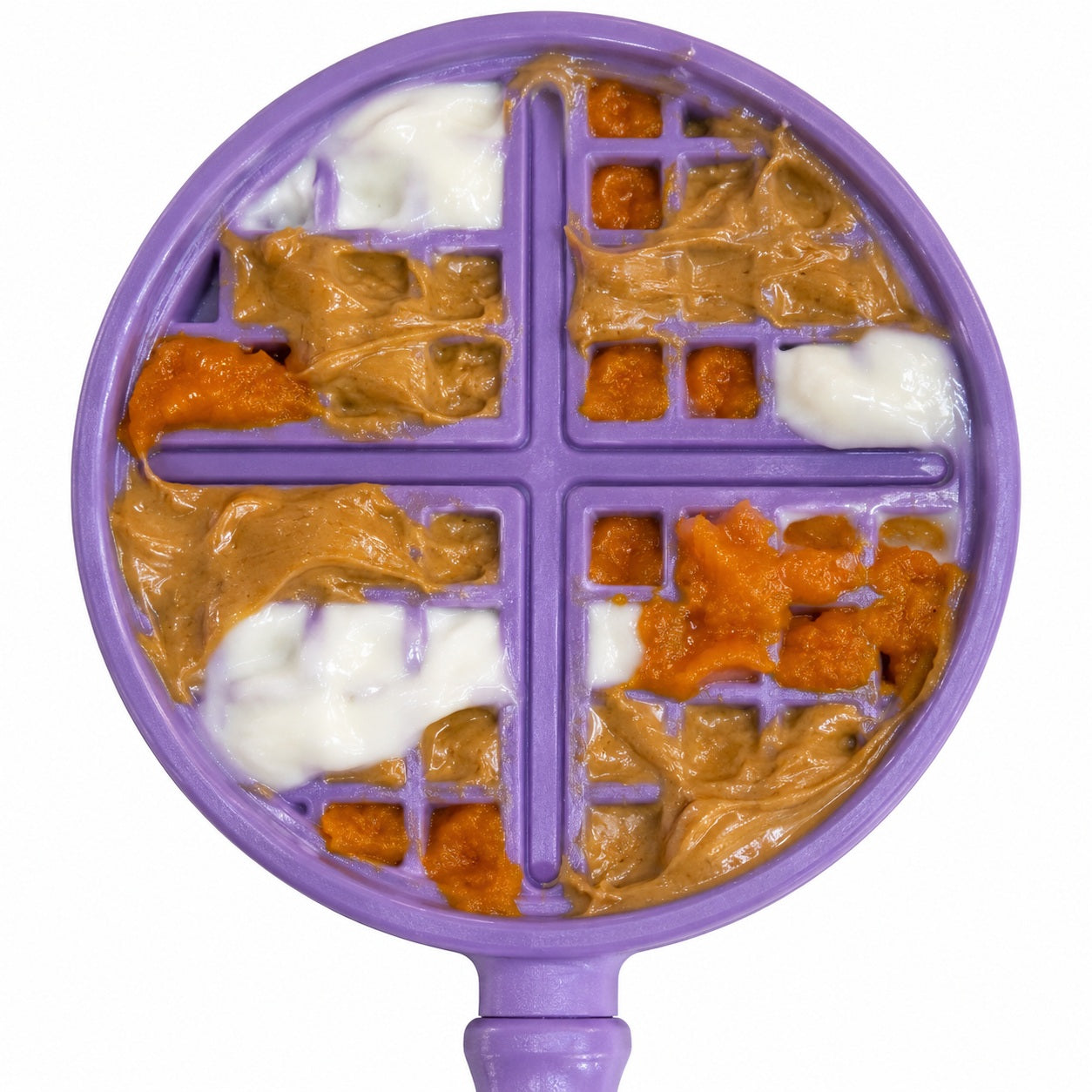 Purple textured lick stick with divided compartments on a round waffle head