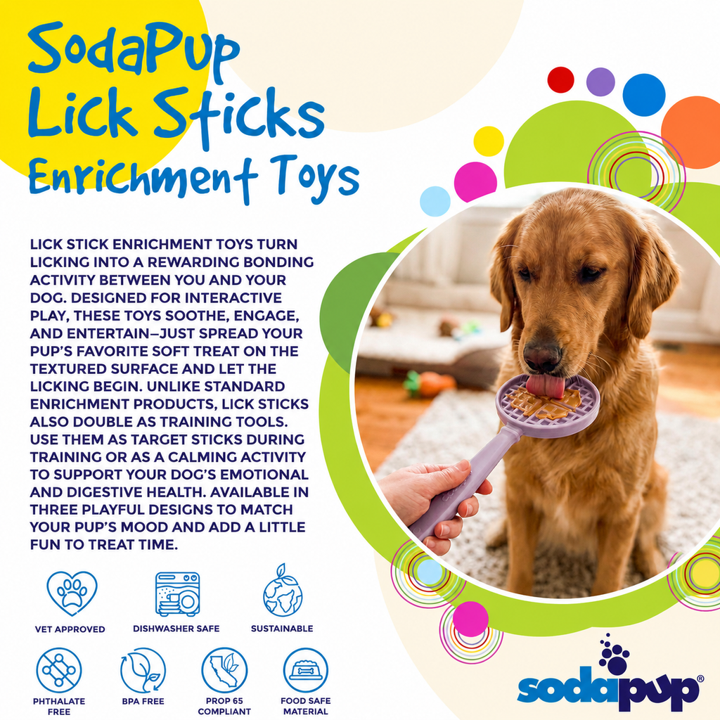 SodaPup Lick Sticks enrichment toy packaging featuring a dog and lick stick