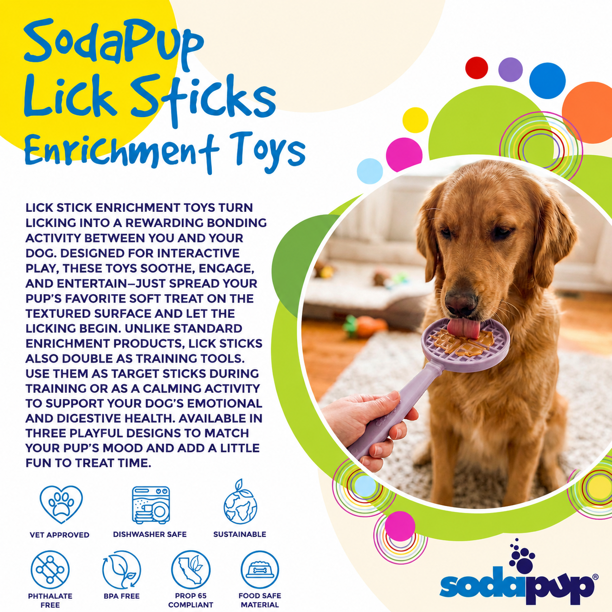 SodaPup Lick Sticks enrichment toy packaging featuring a dog and lick stick